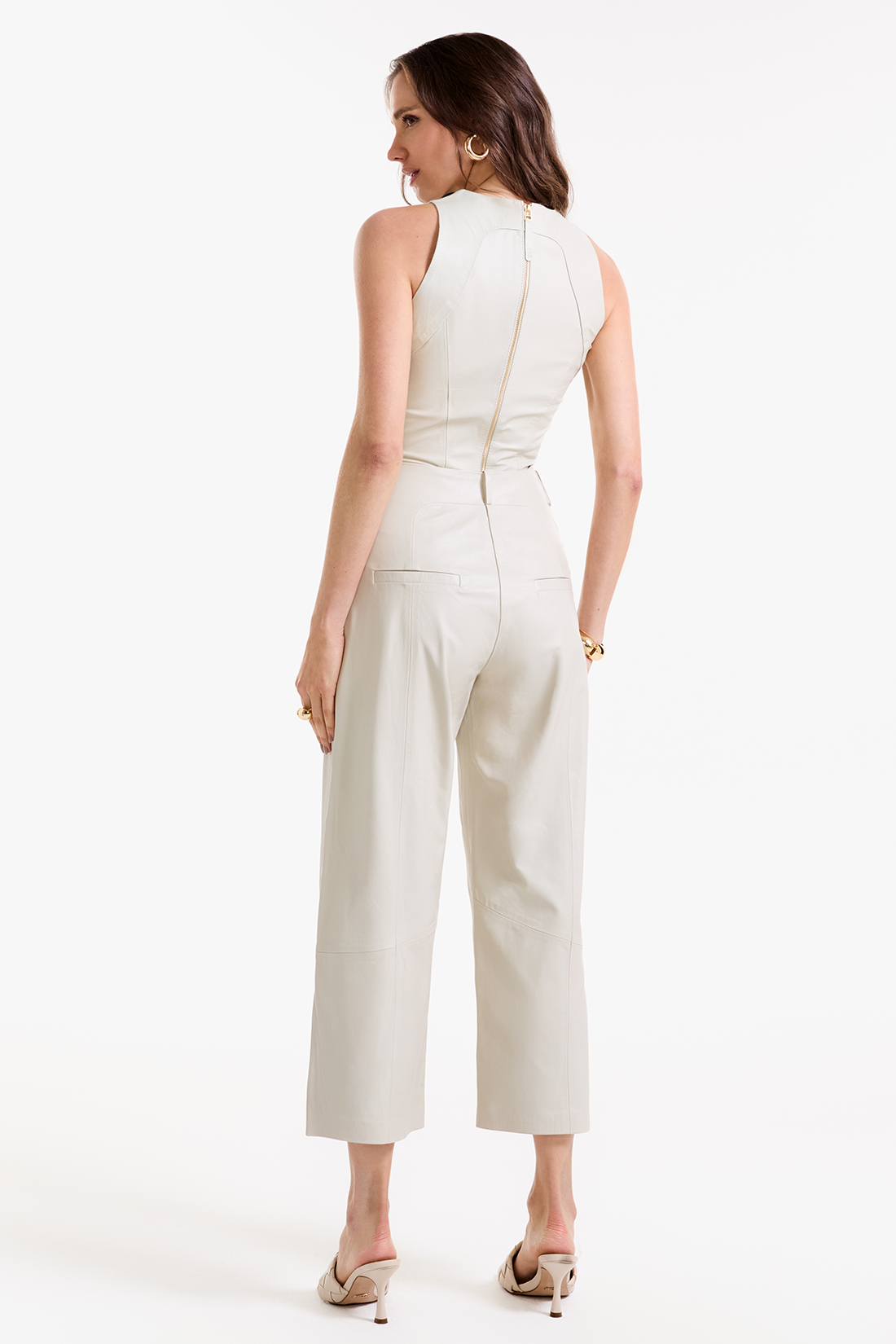 Calça Pantacourt de Couro Legítimo Wanda Off White